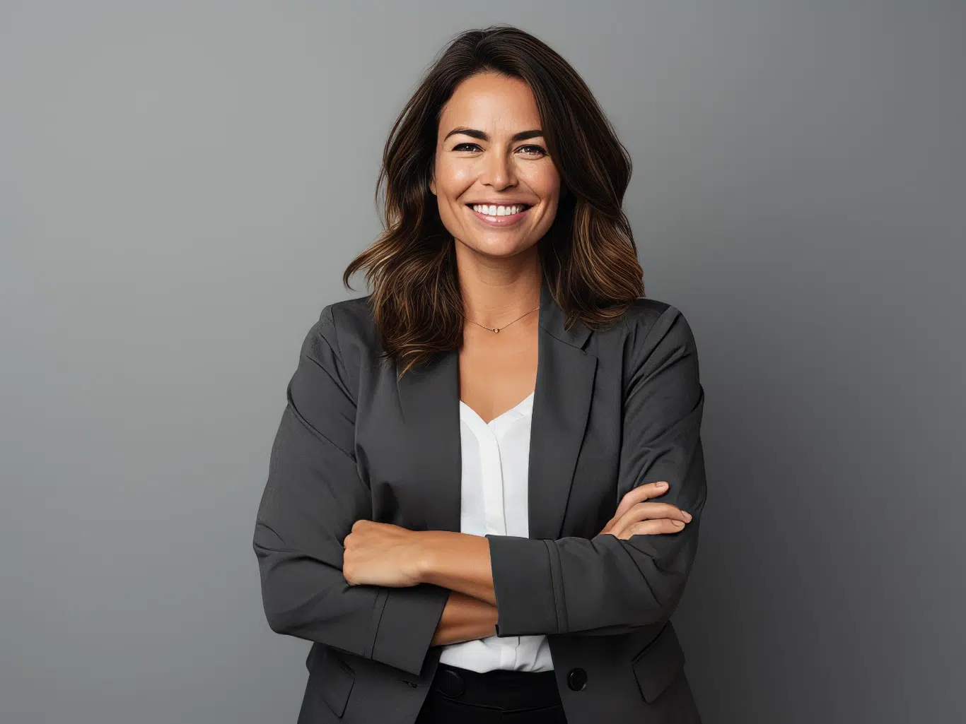 happy mother confident Smiling professional woman in a gray blazer with arms crossed against a gray background